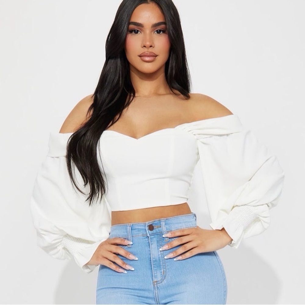 Fashion Nova White Off-Shoulder Puff Sleeve Crop Top